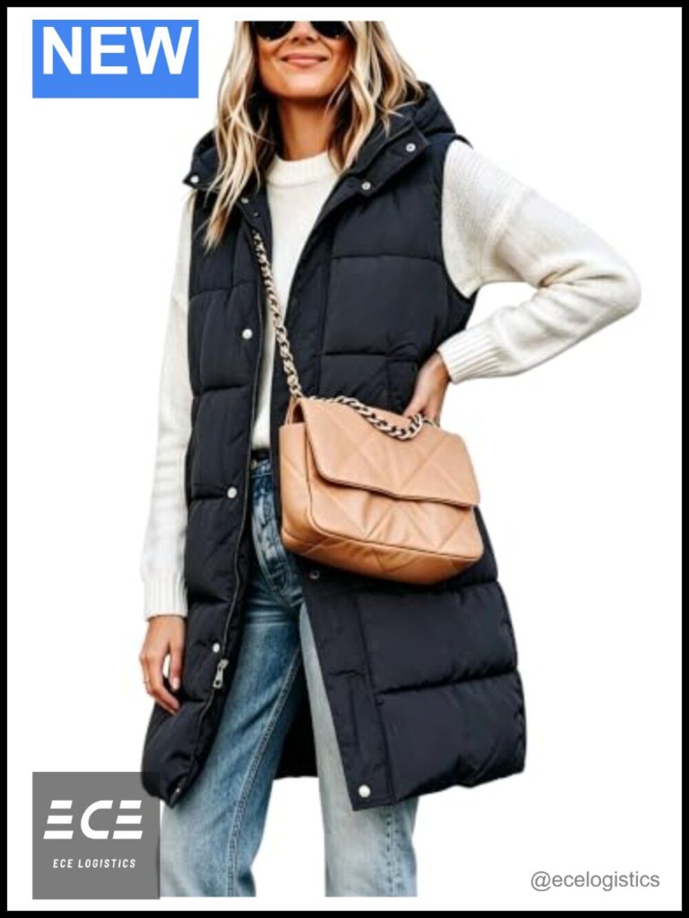 Long Puffer Vest with Removable Hood Sleeveless Quilted Zip